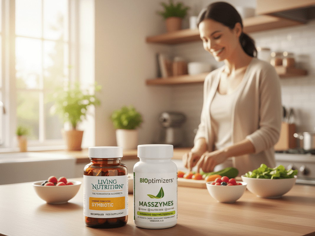 Woman smiling in a kitchen with Living Nutrition Symbiotik and BiOptimizers MassZymes on the counter, symbolizing gut health, digestion, and overall well-being.